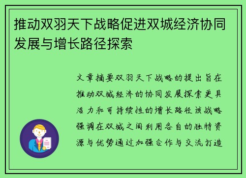 推动双羽天下战略促进双城经济协同发展与增长路径探索