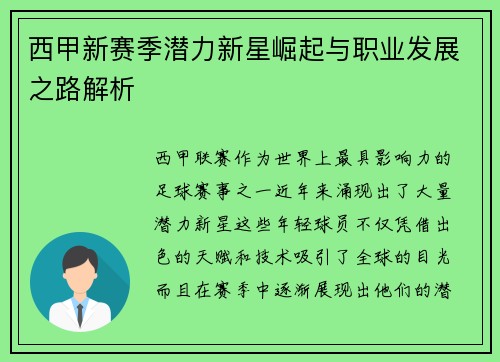西甲新赛季潜力新星崛起与职业发展之路解析