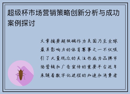 超级杯市场营销策略创新分析与成功案例探讨