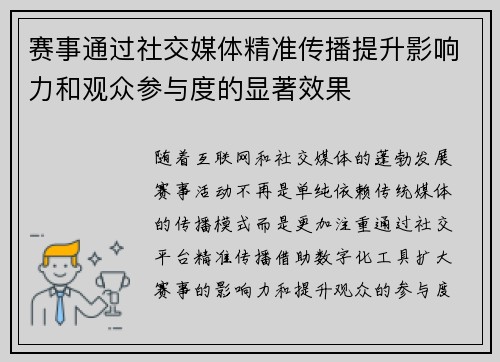 赛事通过社交媒体精准传播提升影响力和观众参与度的显著效果 赛事通过社交媒体精准传播提升影响力和观众参与度的显著效果